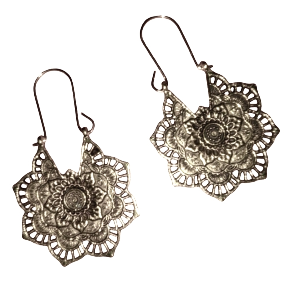 Silver Lotus Flower Blossom Mandala Earrings Floral Filigree Lace Huggie Hoops
